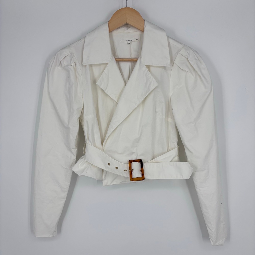 Tularosa Asher Jacket Women XXS White Belted Cropped Puff Sleeve Tortoise Buckle